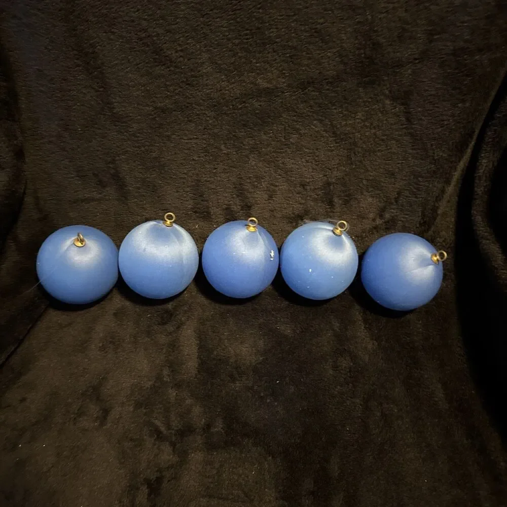 5 Vintage 60s Blue Satin Round Ball Christmas Ornaments Unbreakable